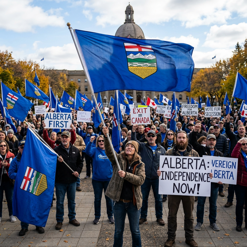Crowd of protestors holding Alberta flags and signs calling for Alberta independence and secession from Canada